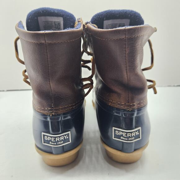 Sperry Saltwater Brown Leather and Navy Duck Rain Winter Boots Size 6 STS91175 - Picture 4 of 7